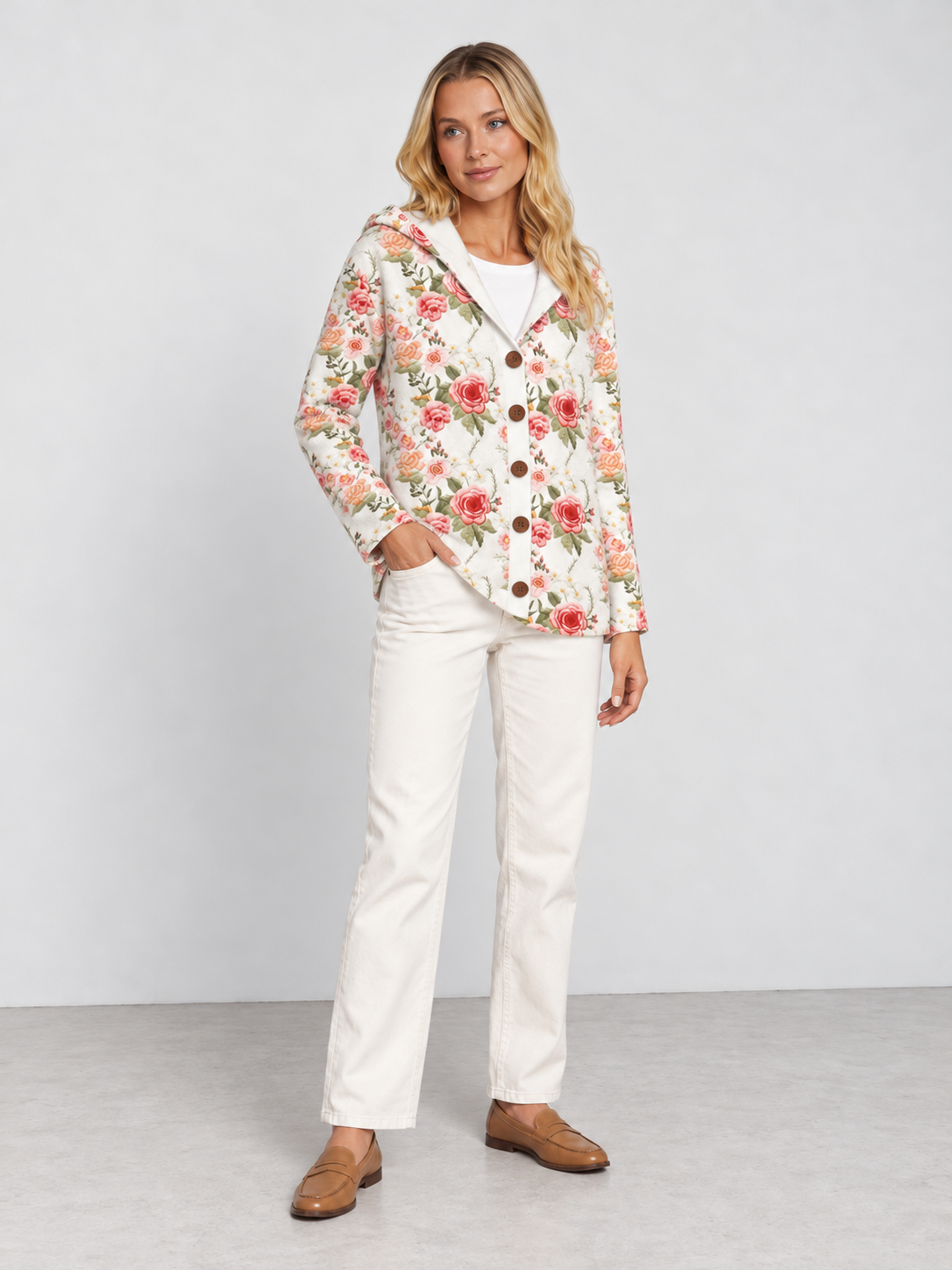 Women's Cosy Artistic Knit Long Cardigan - soft pink model