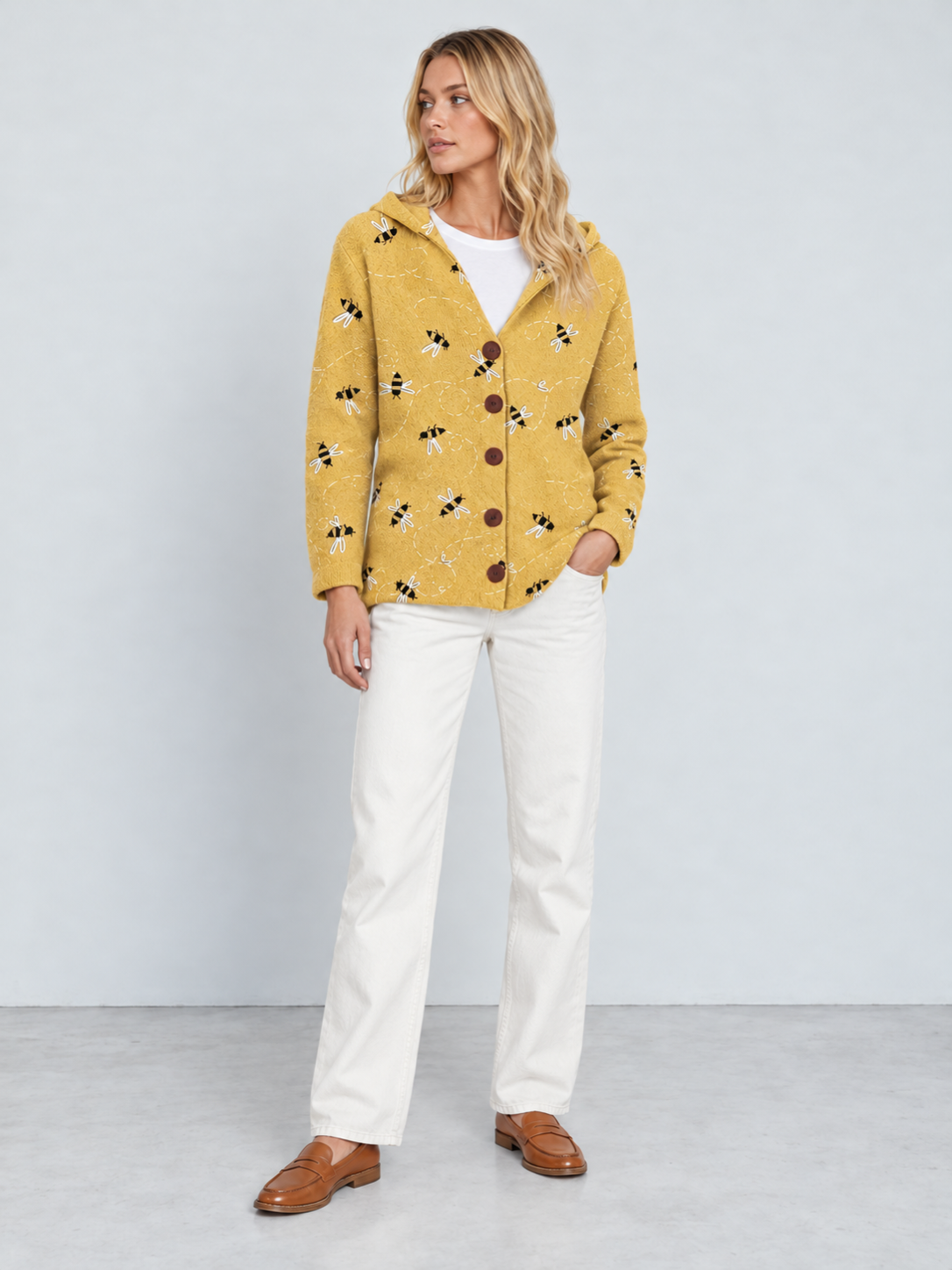 Women's Cosy Artistic Knit Long Cardigan - yellow model
