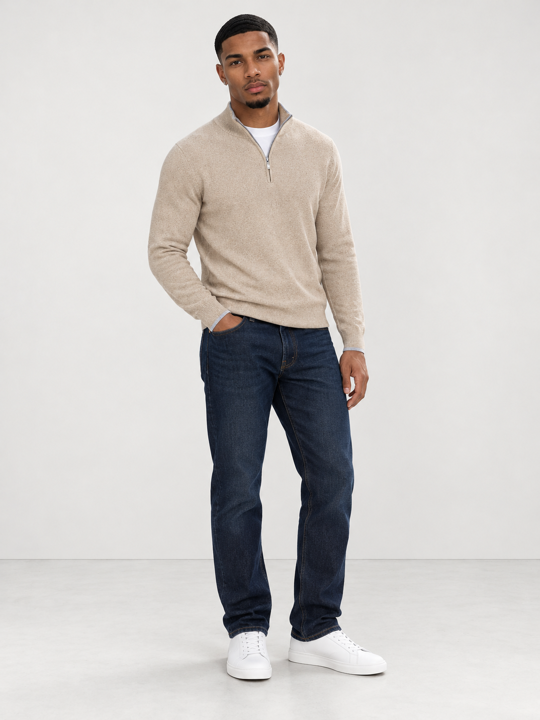 Men's Premium Knit Half Zip Jumper - beige model