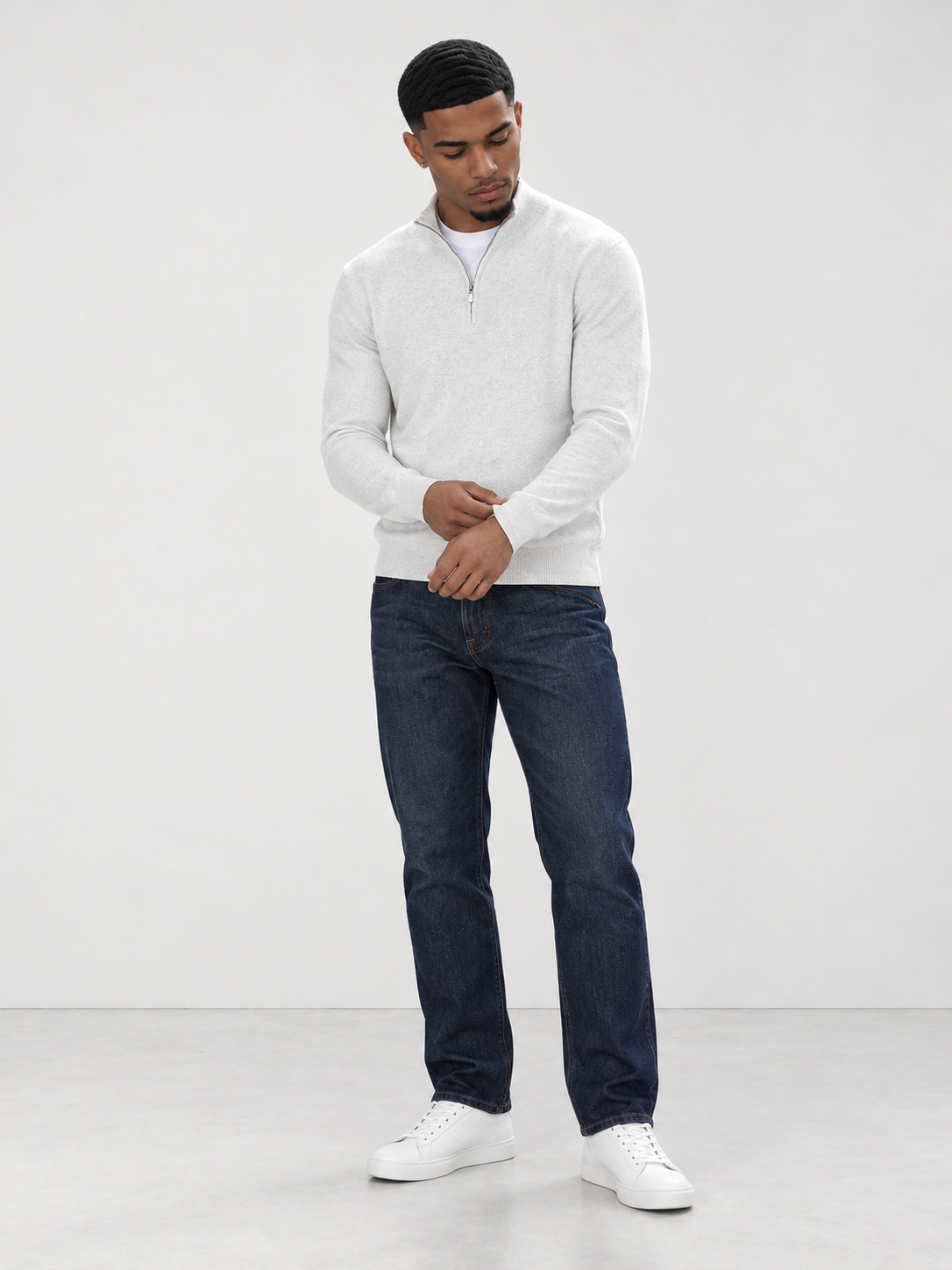 Men's Premium Knit Half Zip Jumper - white model