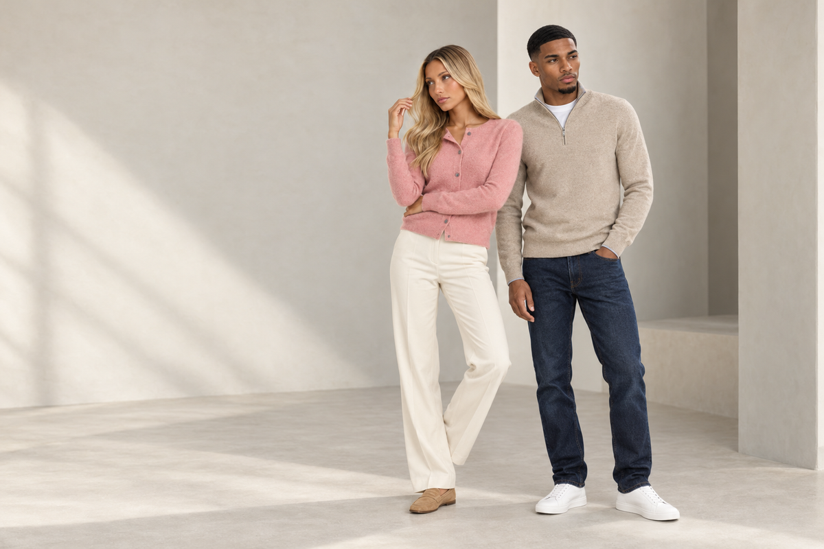 Woman in a pink cardigan and man in a half zip jumper