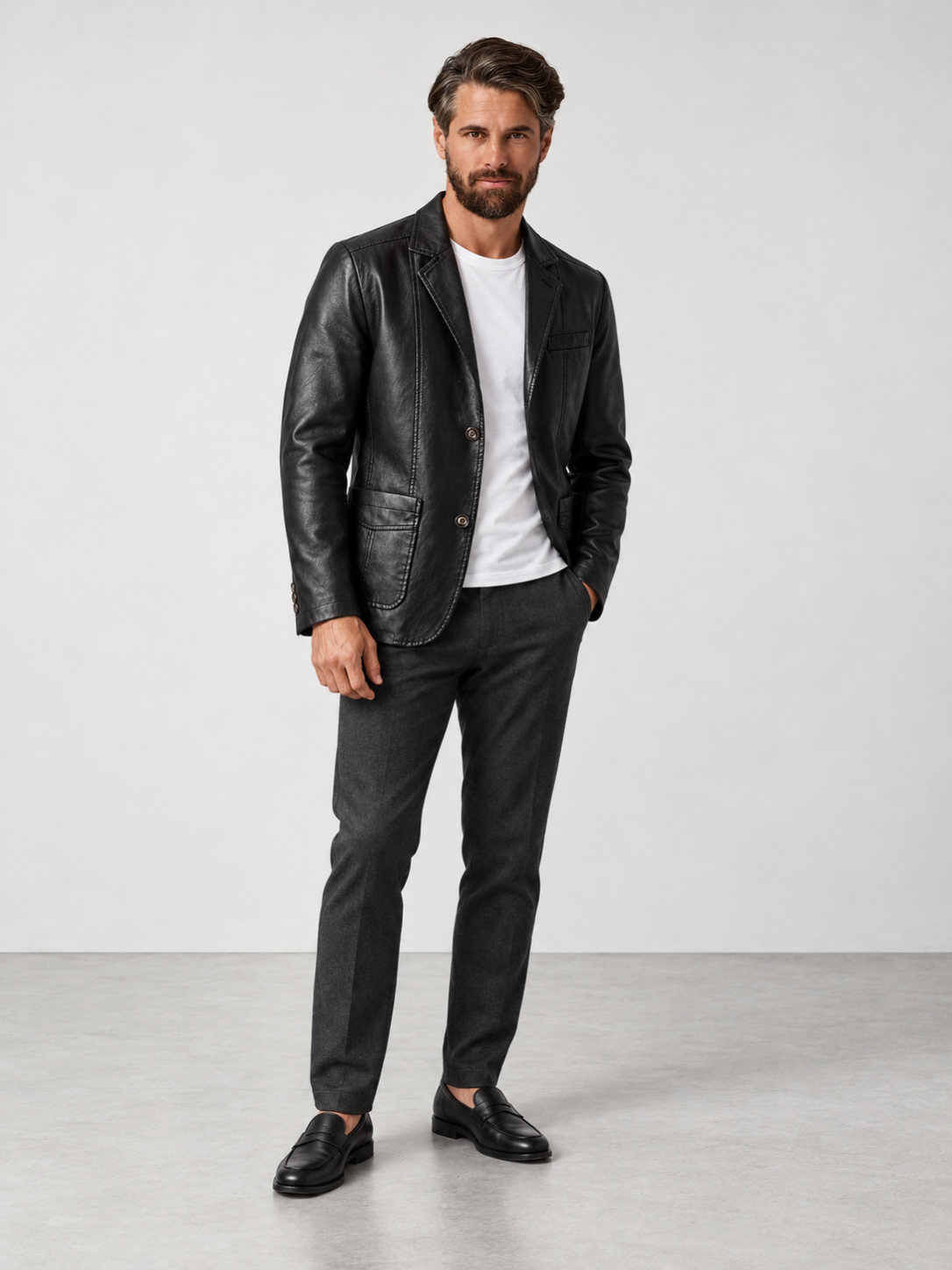 Men's Tailored Fit Faux Leather Jacket - black model