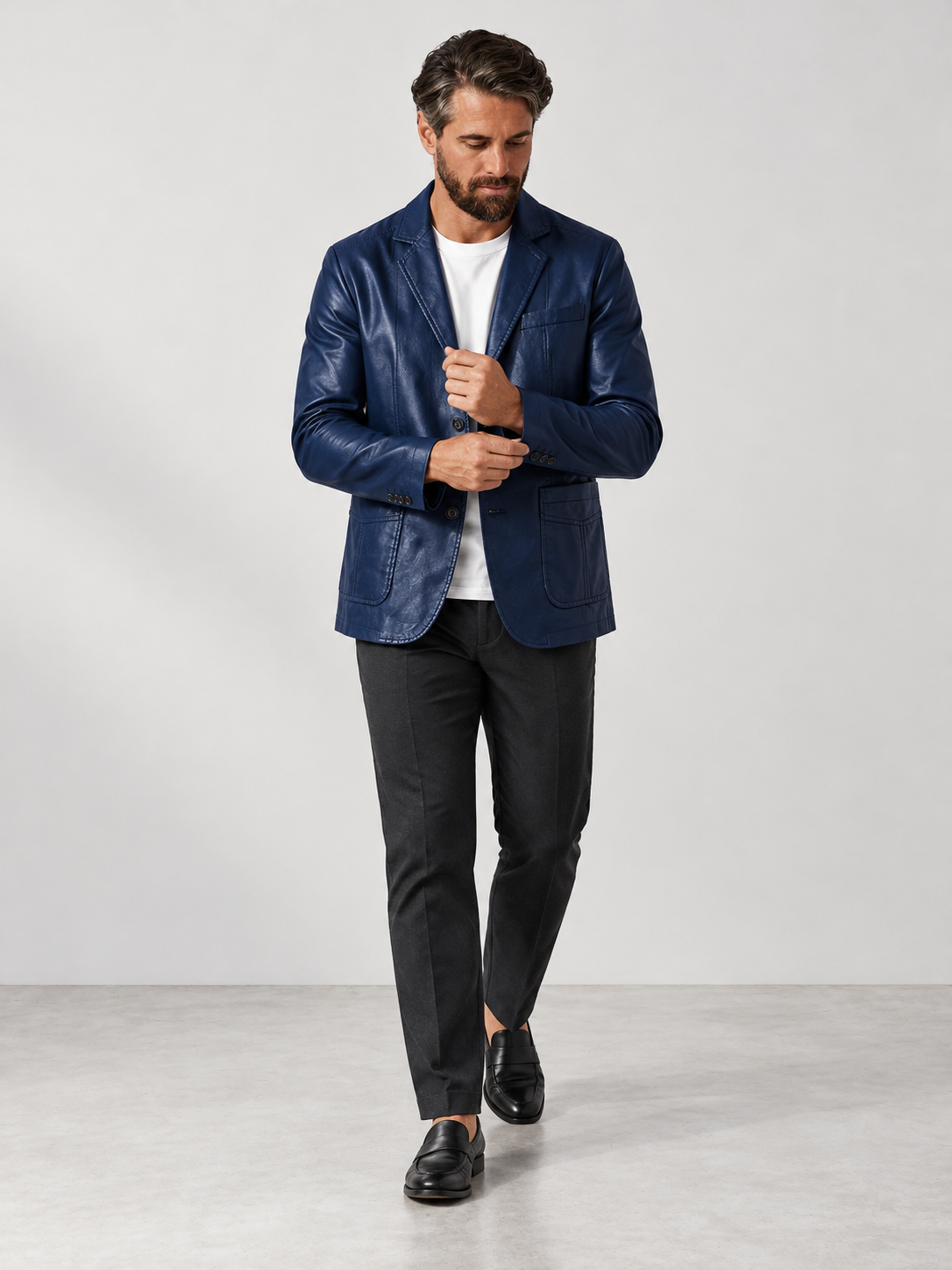 Men's Tailored Fit Faux Leather Jacket - blue model