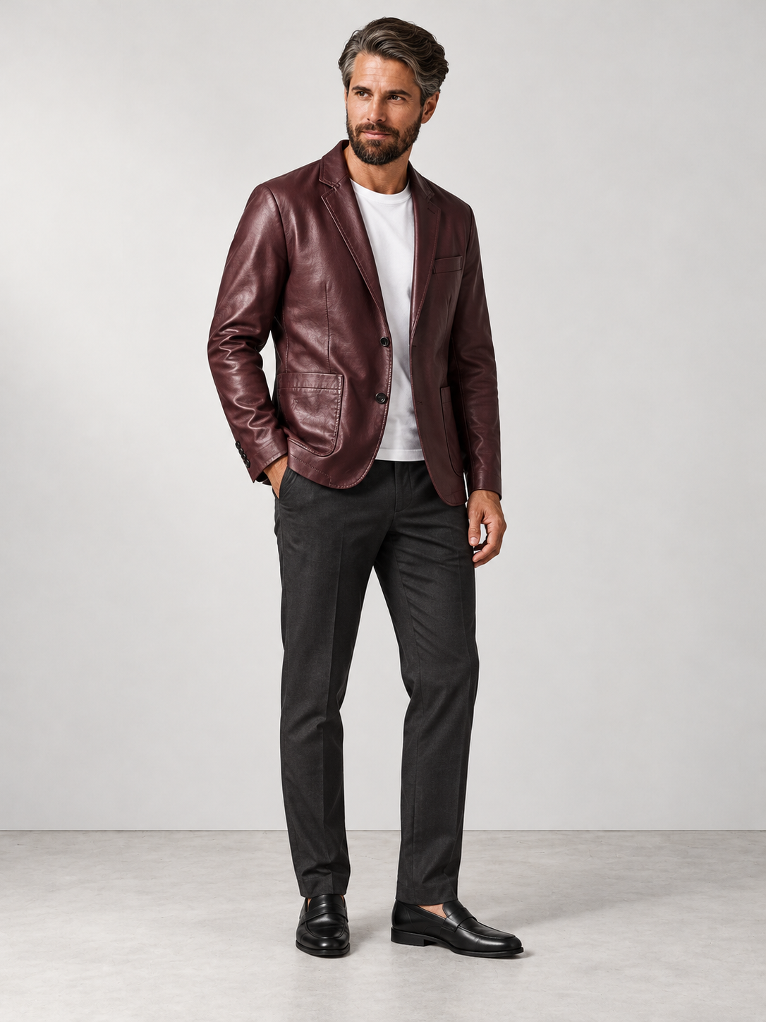 Men's Tailored Fit Faux Leather Jacket - burgundy model