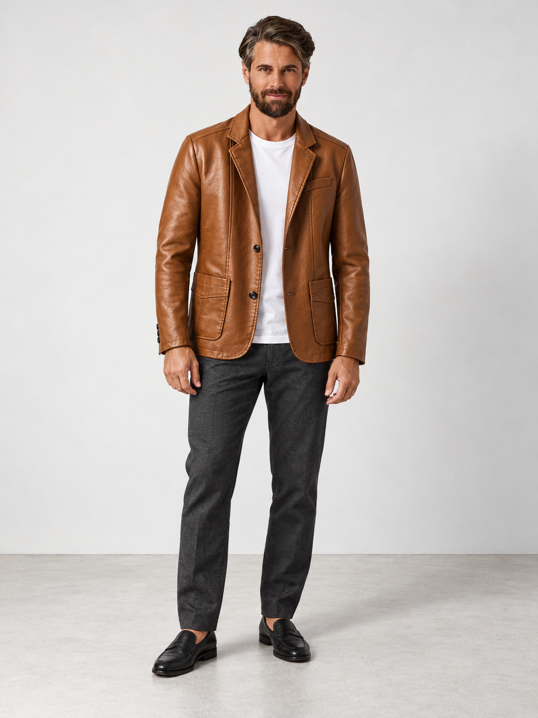 Men's Tailored Fit Faux Leather Jacket - cognac model