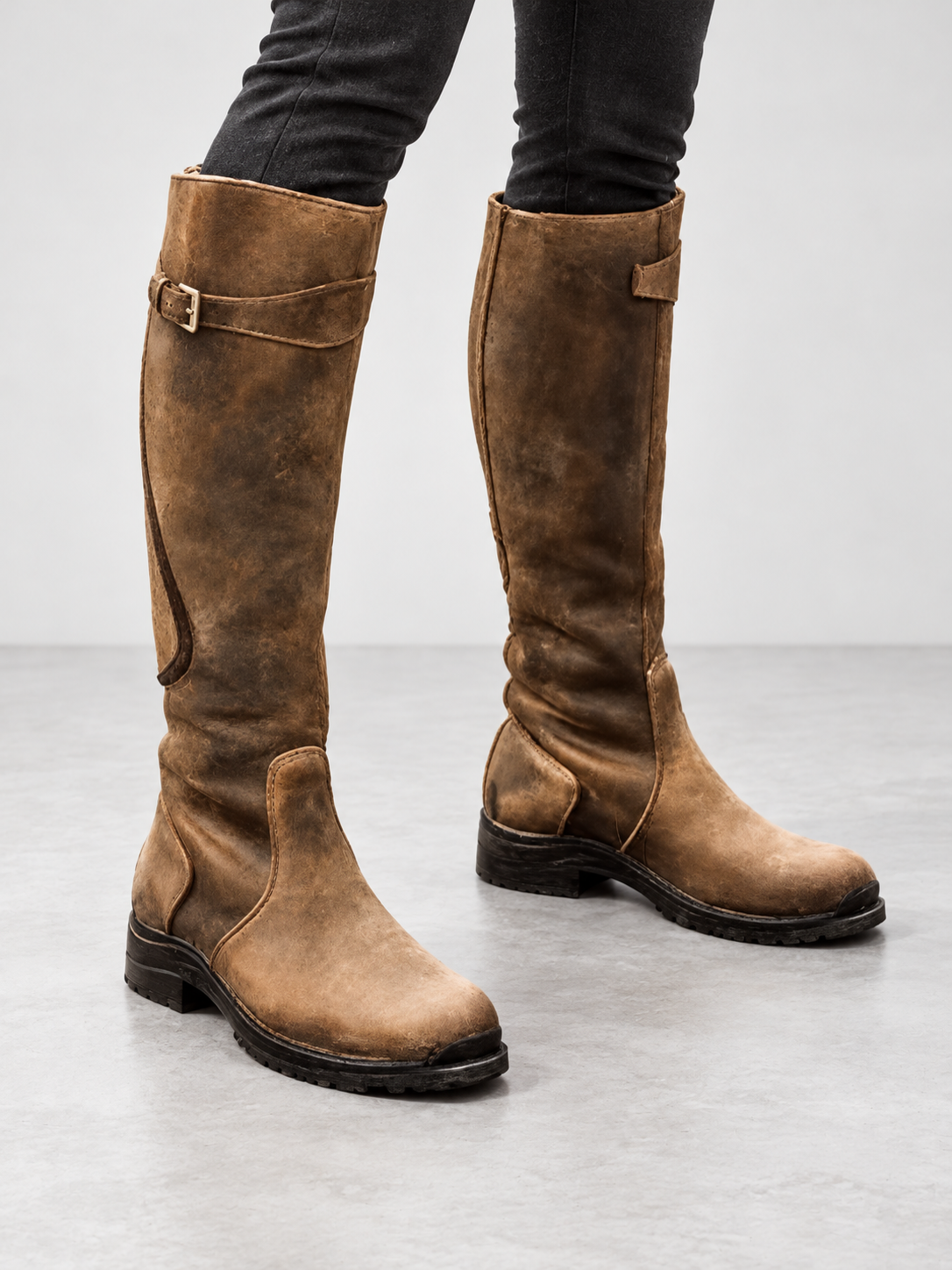 Women's Buckle Strap Knee High Boots - brown model