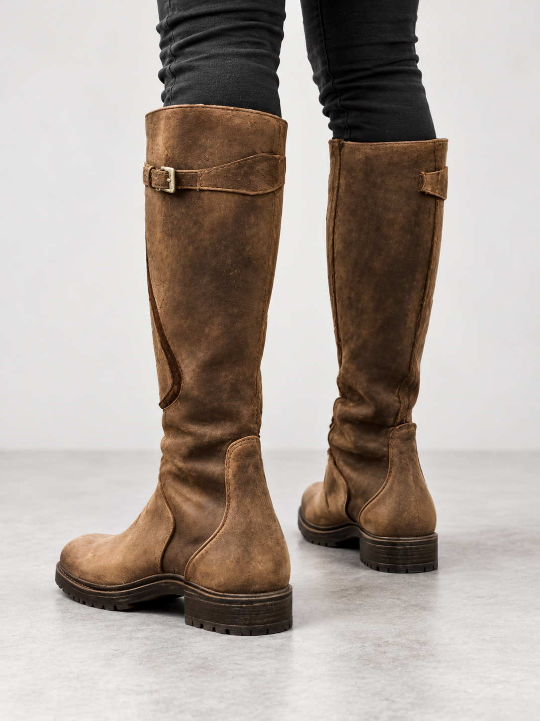Women's Buckle Strap Knee High Boots - brown back
