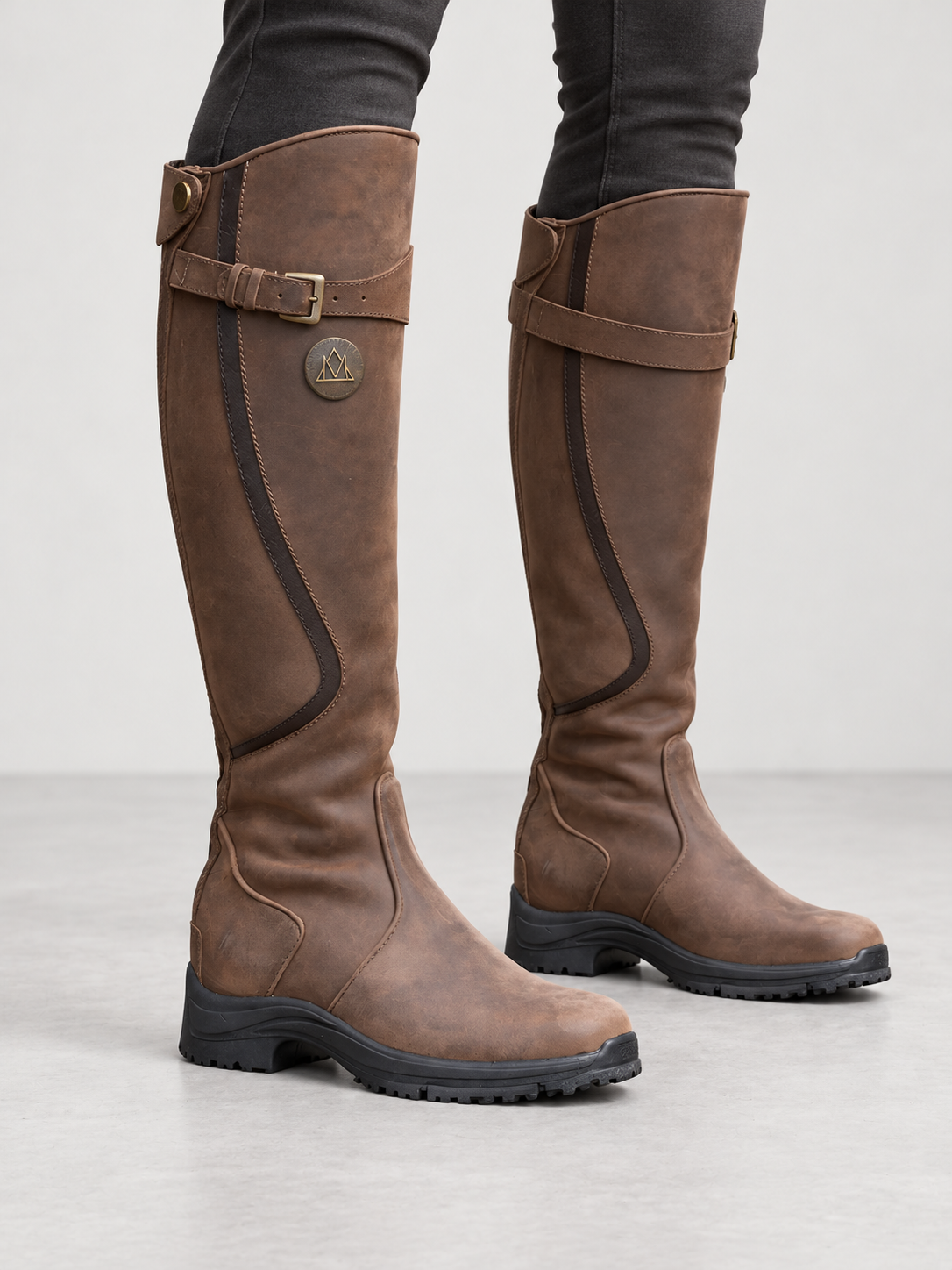 Women's Buckle Strap Knee High Boots - dark brown model