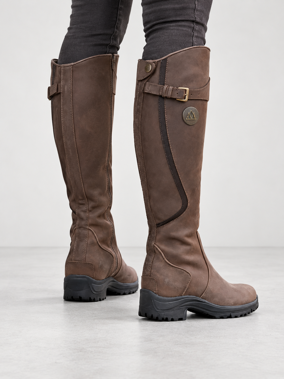 Women's Buckle Strap Knee High Boots - dark brown back