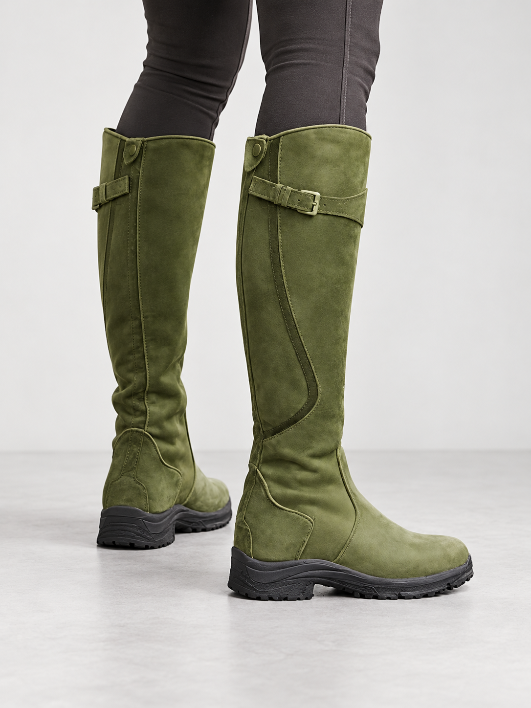 Women's Buckle Strap Knee High Boots - green back