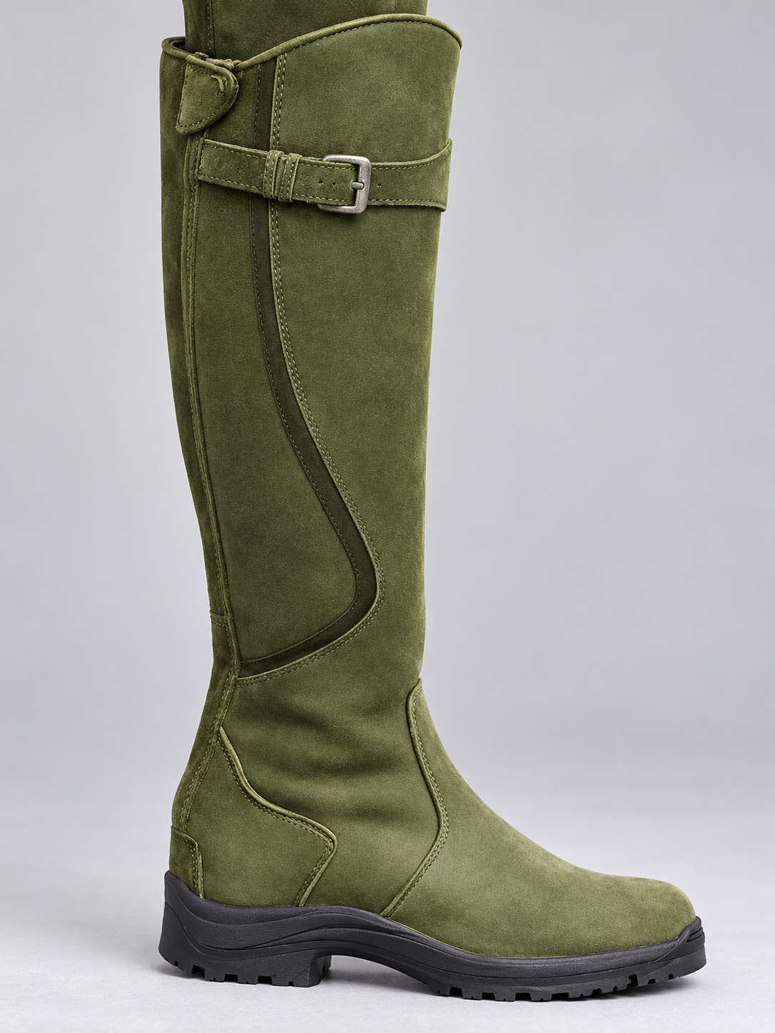 Women's Buckle Strap Knee High Boots - green detail