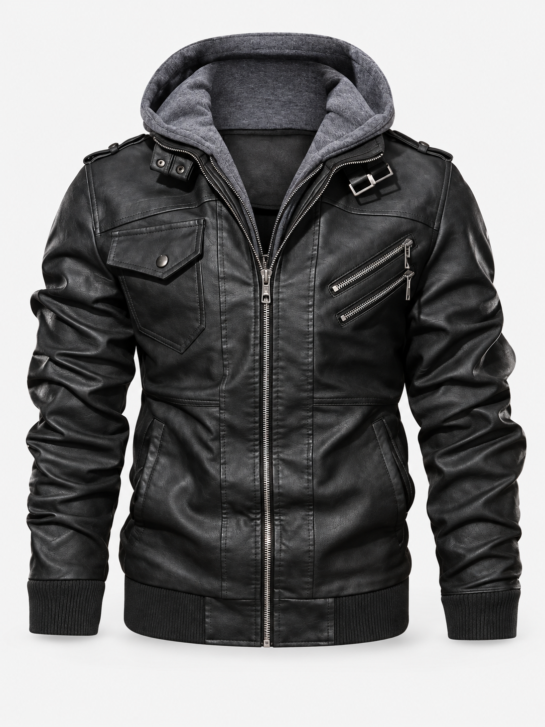 Men's Classic Zip Faux Leather Biker Jacket - black product