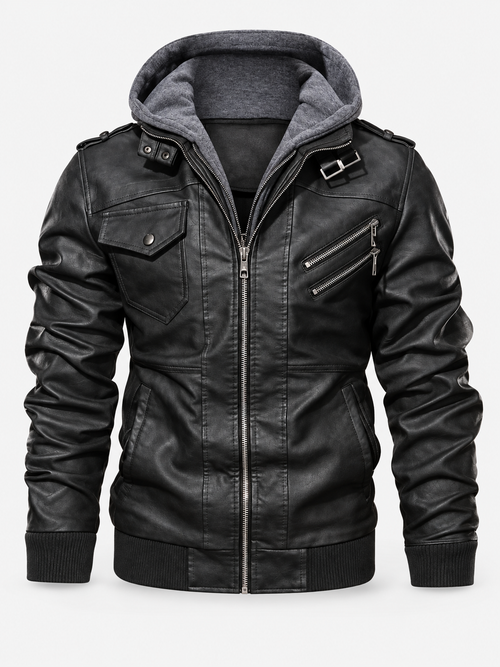 Men's Classic Zip Faux Leather Biker Jacket - black product