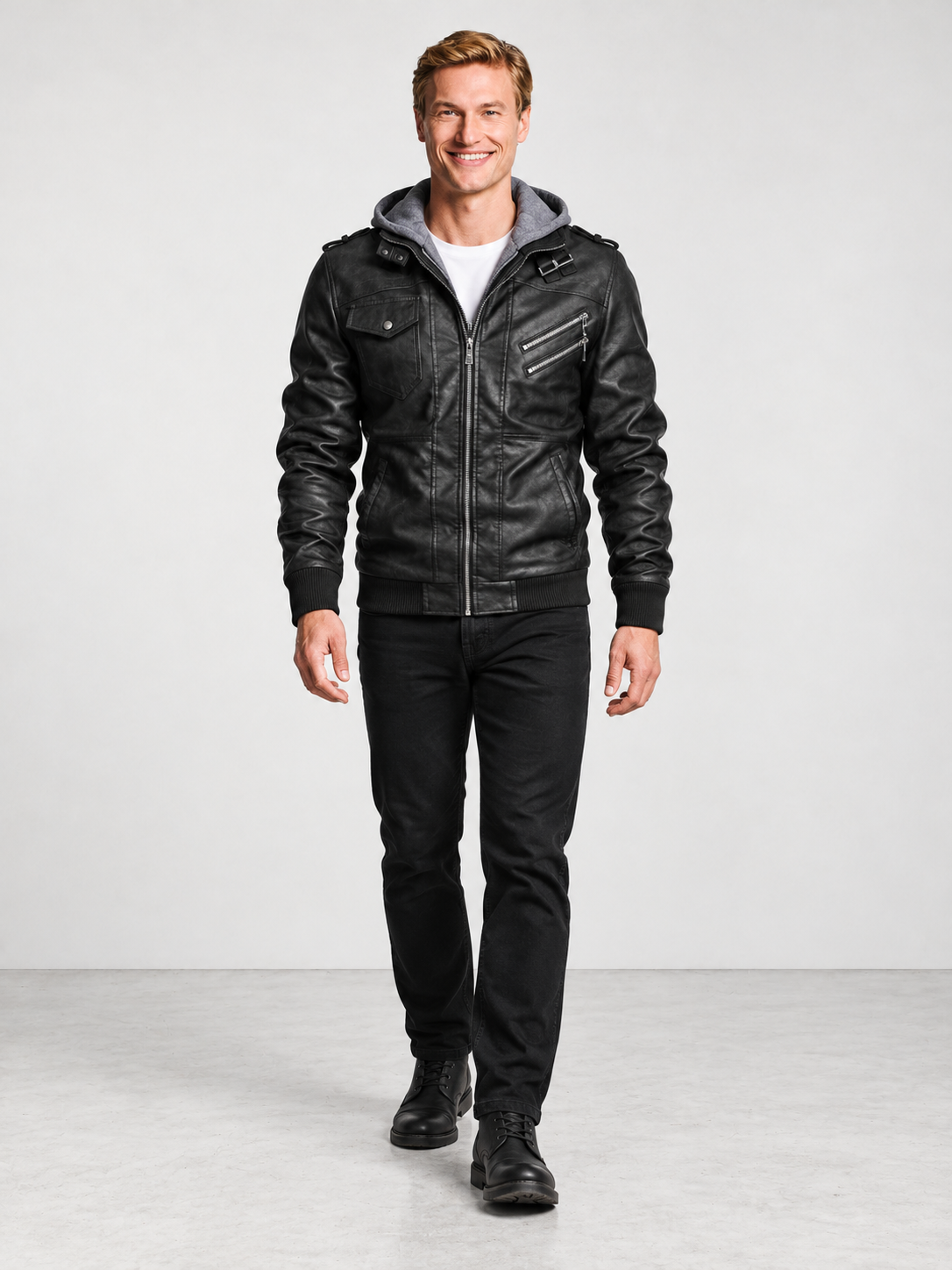Men's Classic Zip Faux Leather Biker Jacket - black model