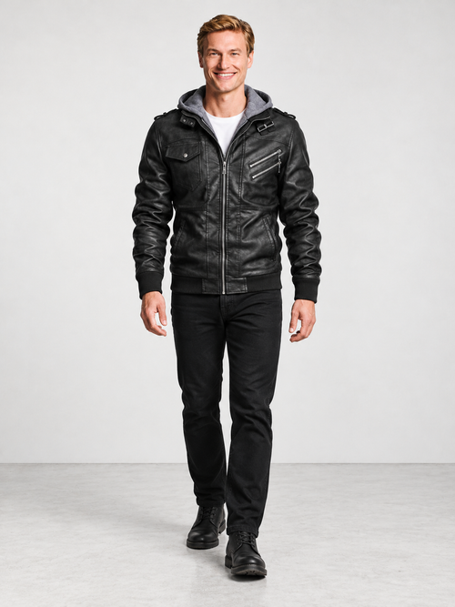 Men's Classic Zip Faux Leather Biker Jacket - black model