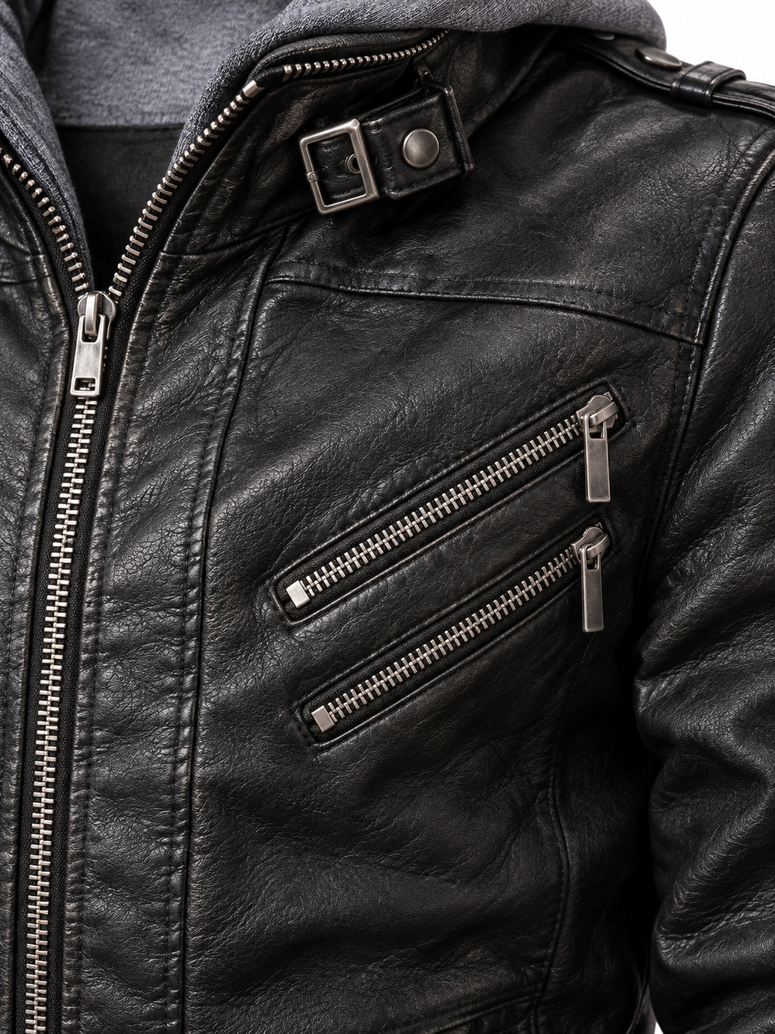 Men's Classic Zip Faux Leather Biker Jacket - black detail