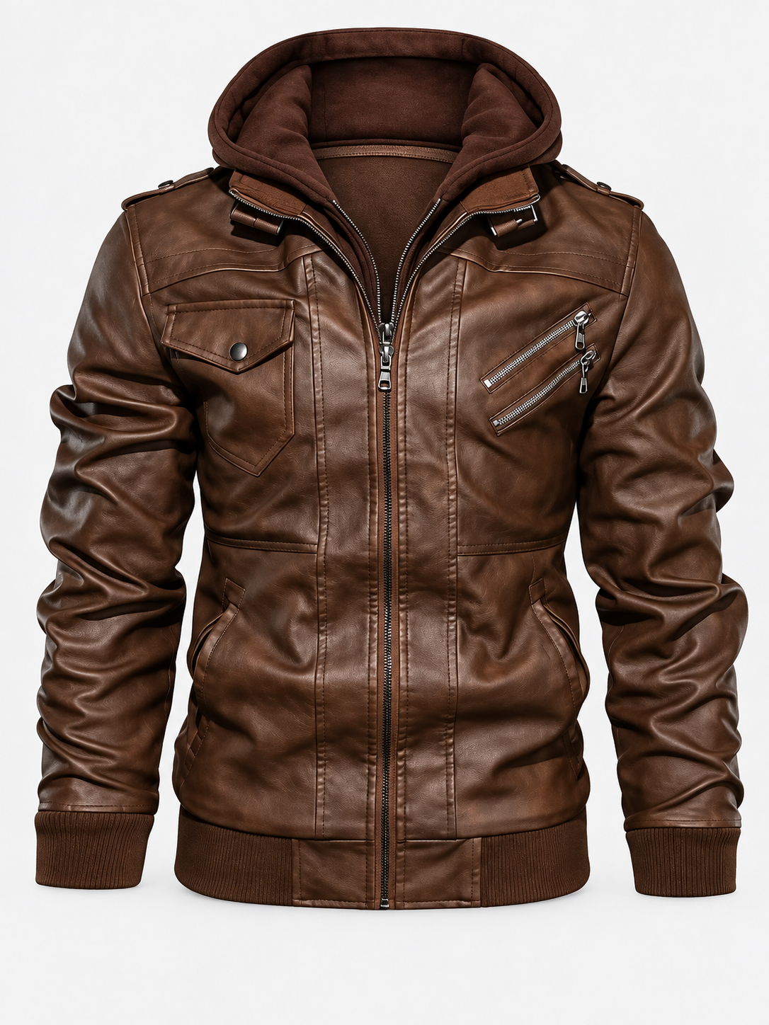 Men's Classic Zip Faux Leather Biker Jacket - brown product