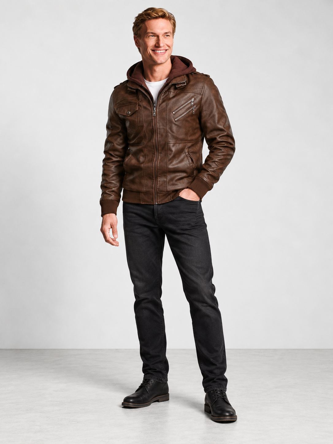 Men's Classic Zip Faux Leather Biker Jacket - brown model