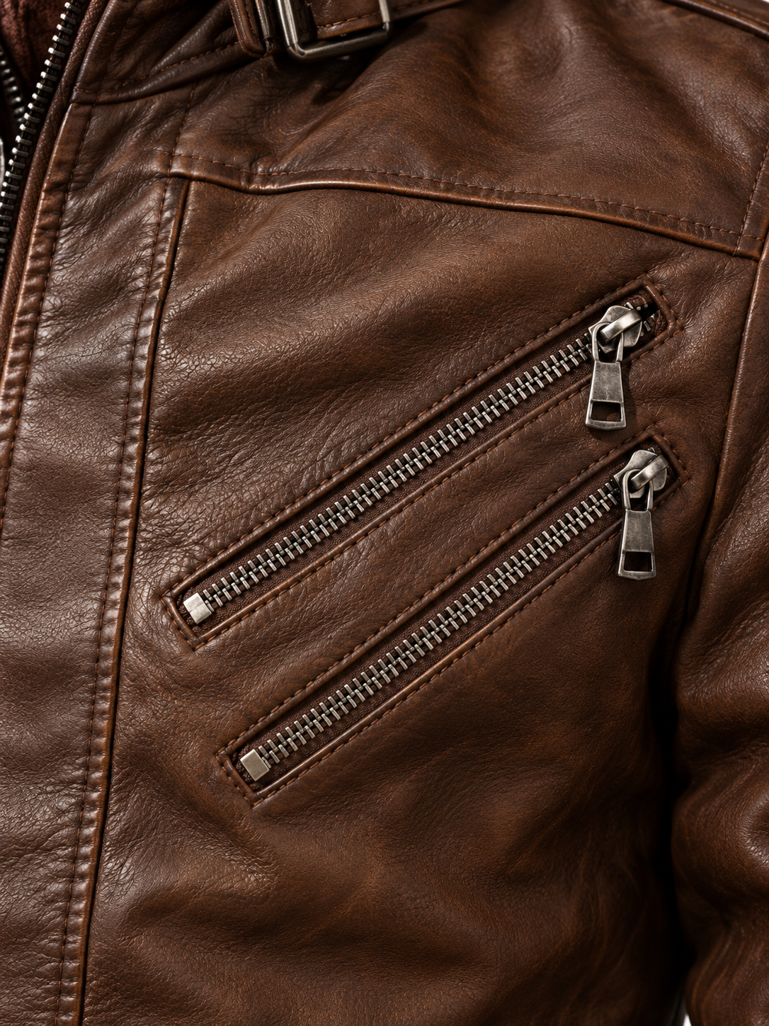 Men's Classic Zip Faux Leather Biker Jacket - brown detail