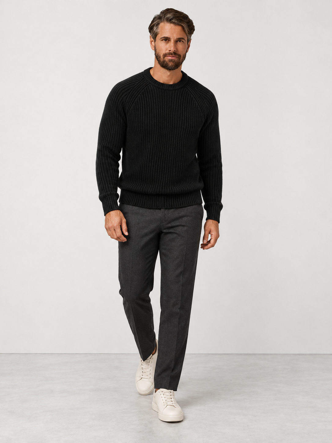 Men's Heavyweight Rib Knit Fisherman Jumper - black model