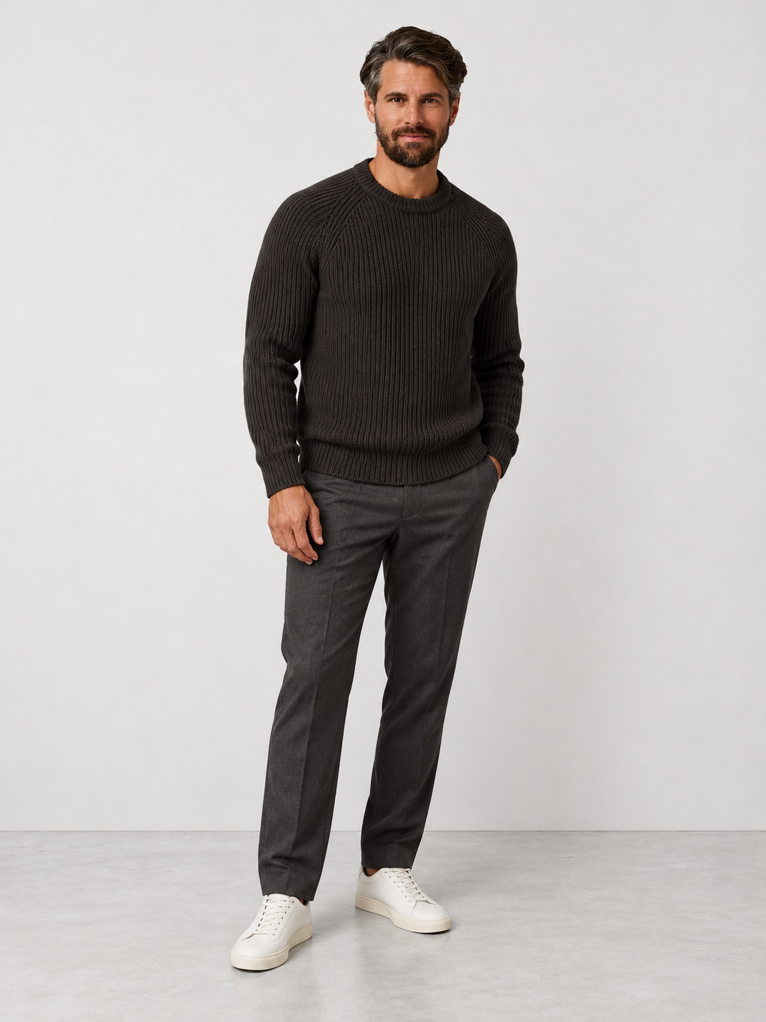 Men's Heavyweight Rib Knit Fisherman Jumper - brown model