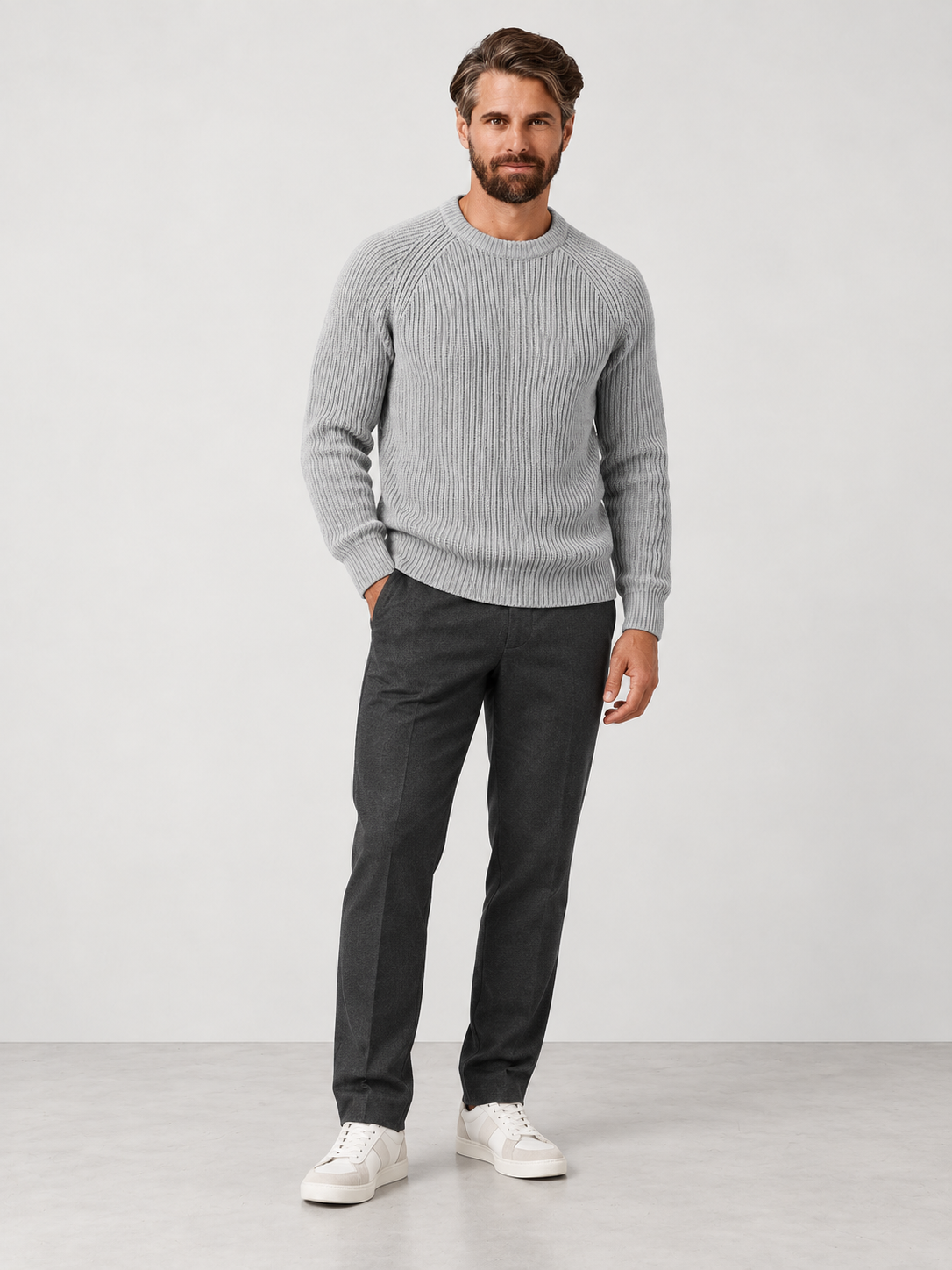 Men's Heavyweight Rib Knit Fisherman Jumper - grey model