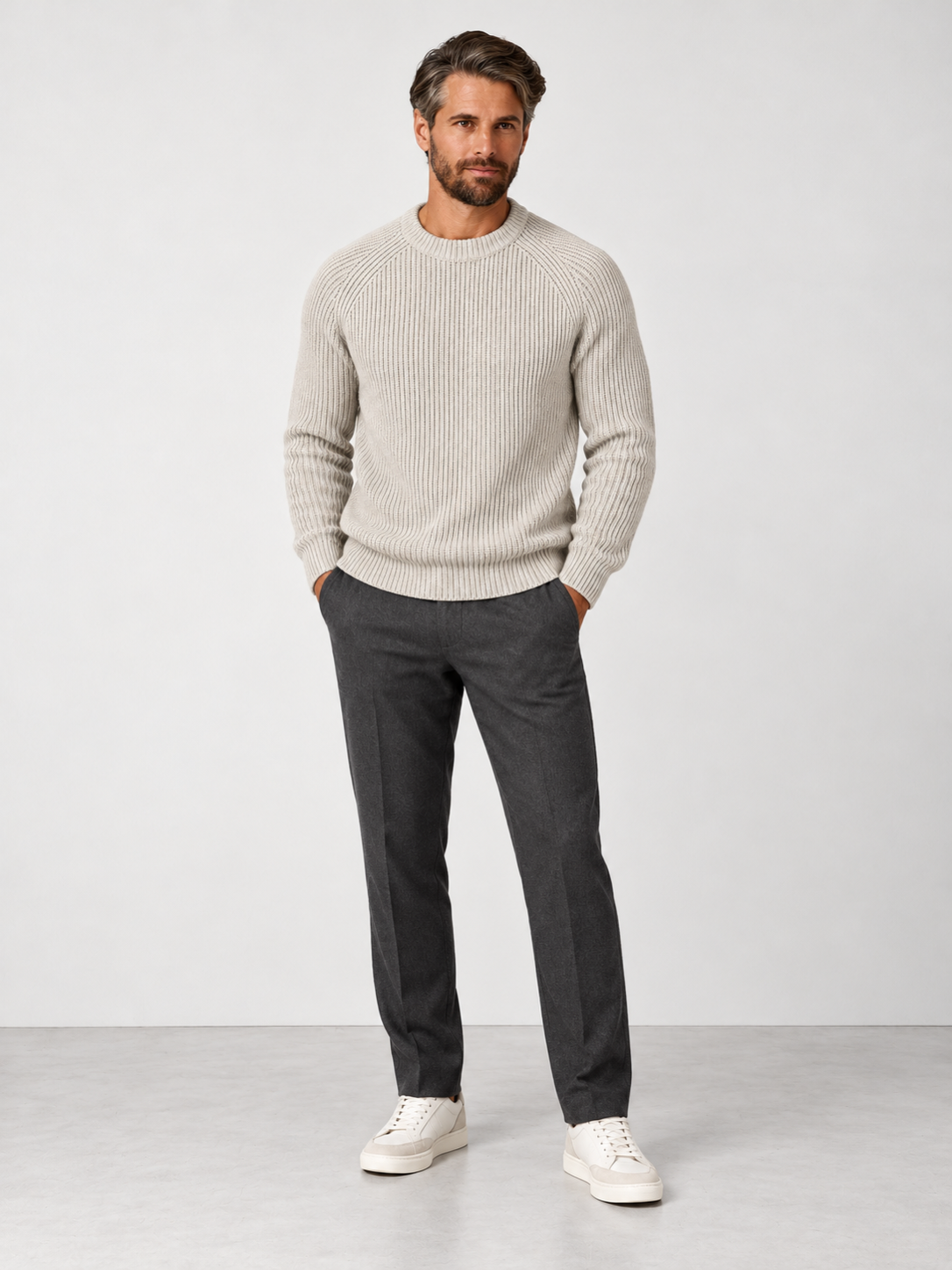 Men's Heavyweight Rib Knit Fisherman Jumper - stone model