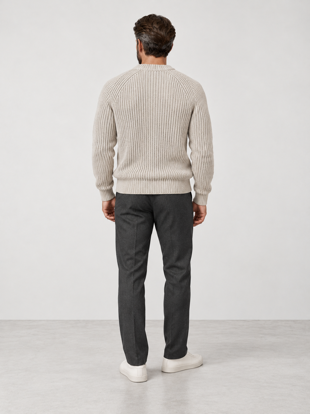 Men's Heavyweight Rib Knit Fisherman Jumper - stone back