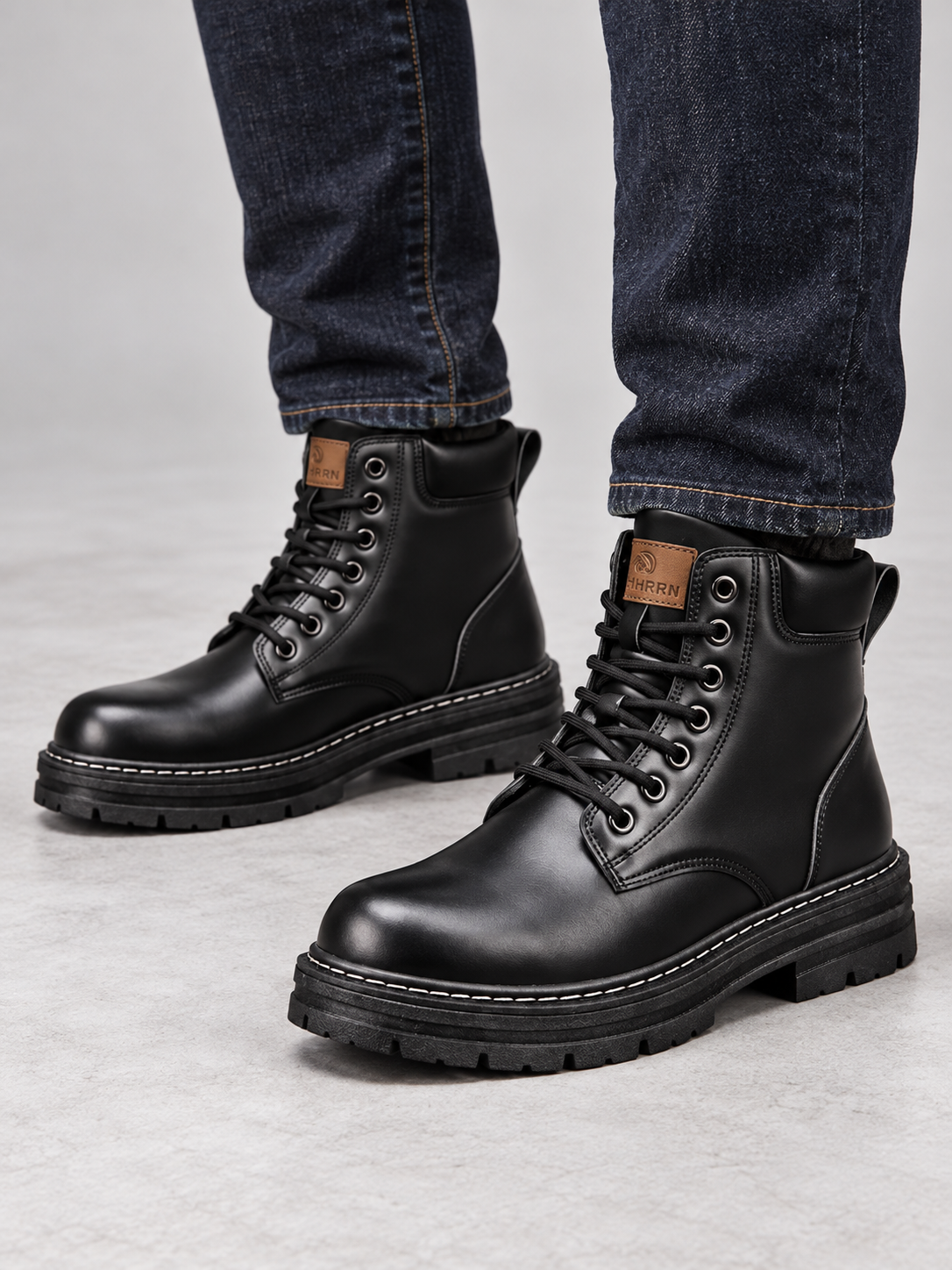 Men's Durable Leather-Look Lace Up Boots - black model