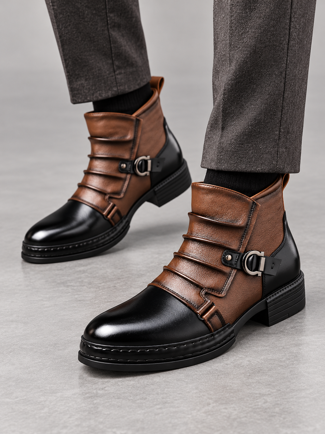 Men's Leather-Look Boots - oak brown model