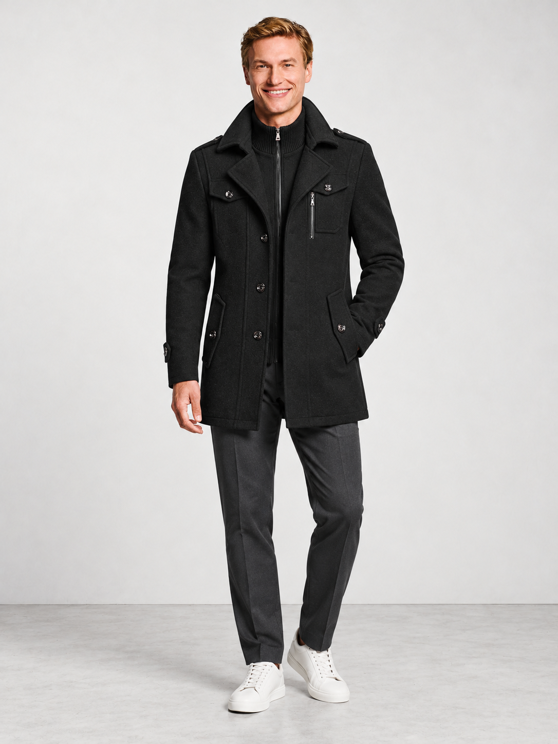Men's Two Piece Layered Coat - black model