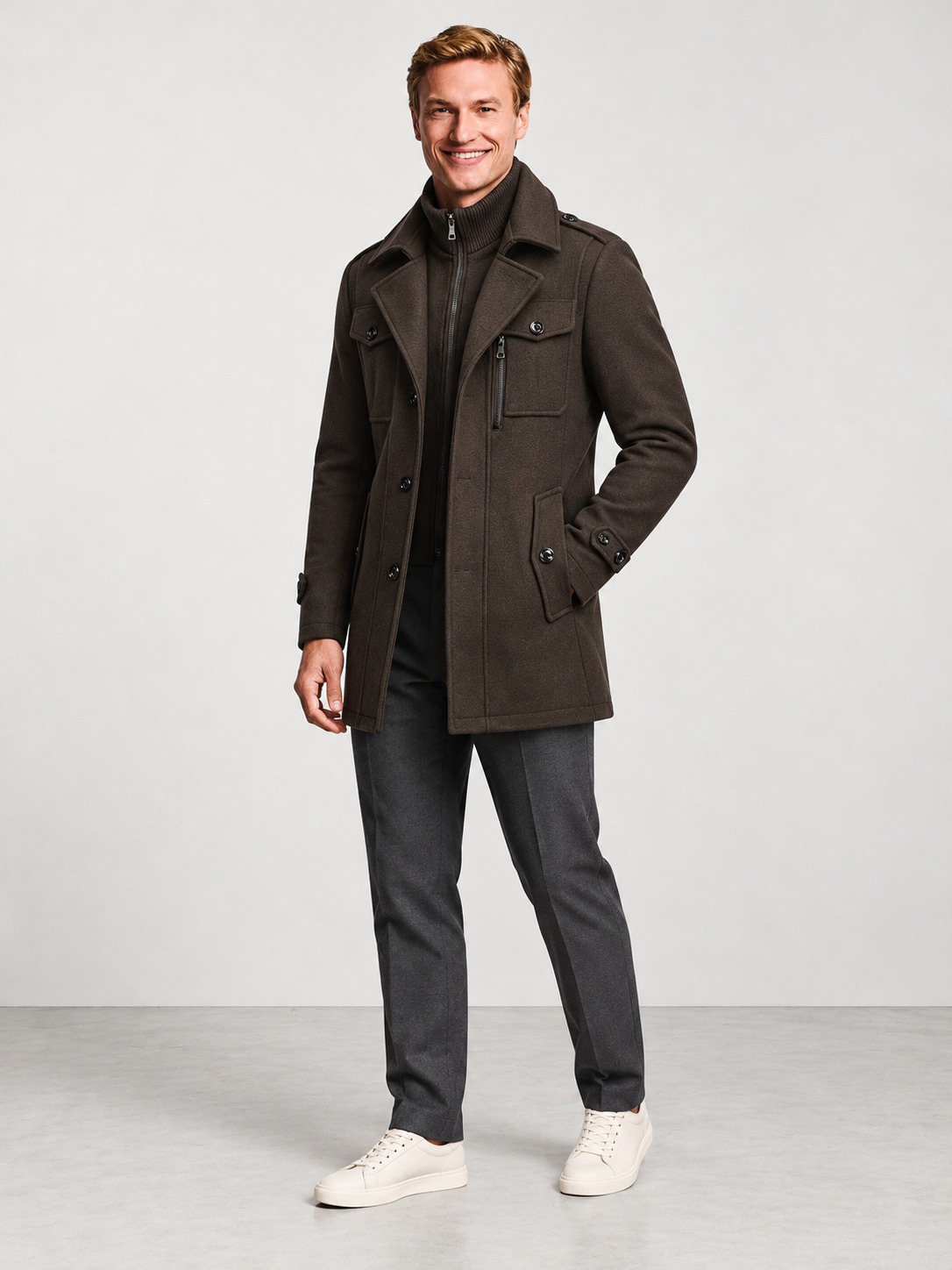 Men's Two Piece Layered Coat - dark brown model