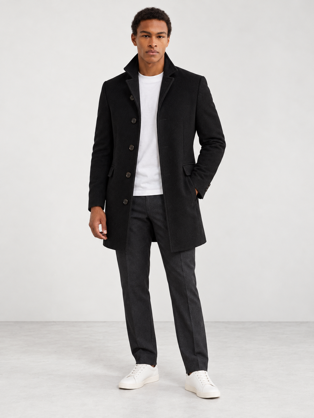 Men's Winter Tailored Stand Collar Coat - black model