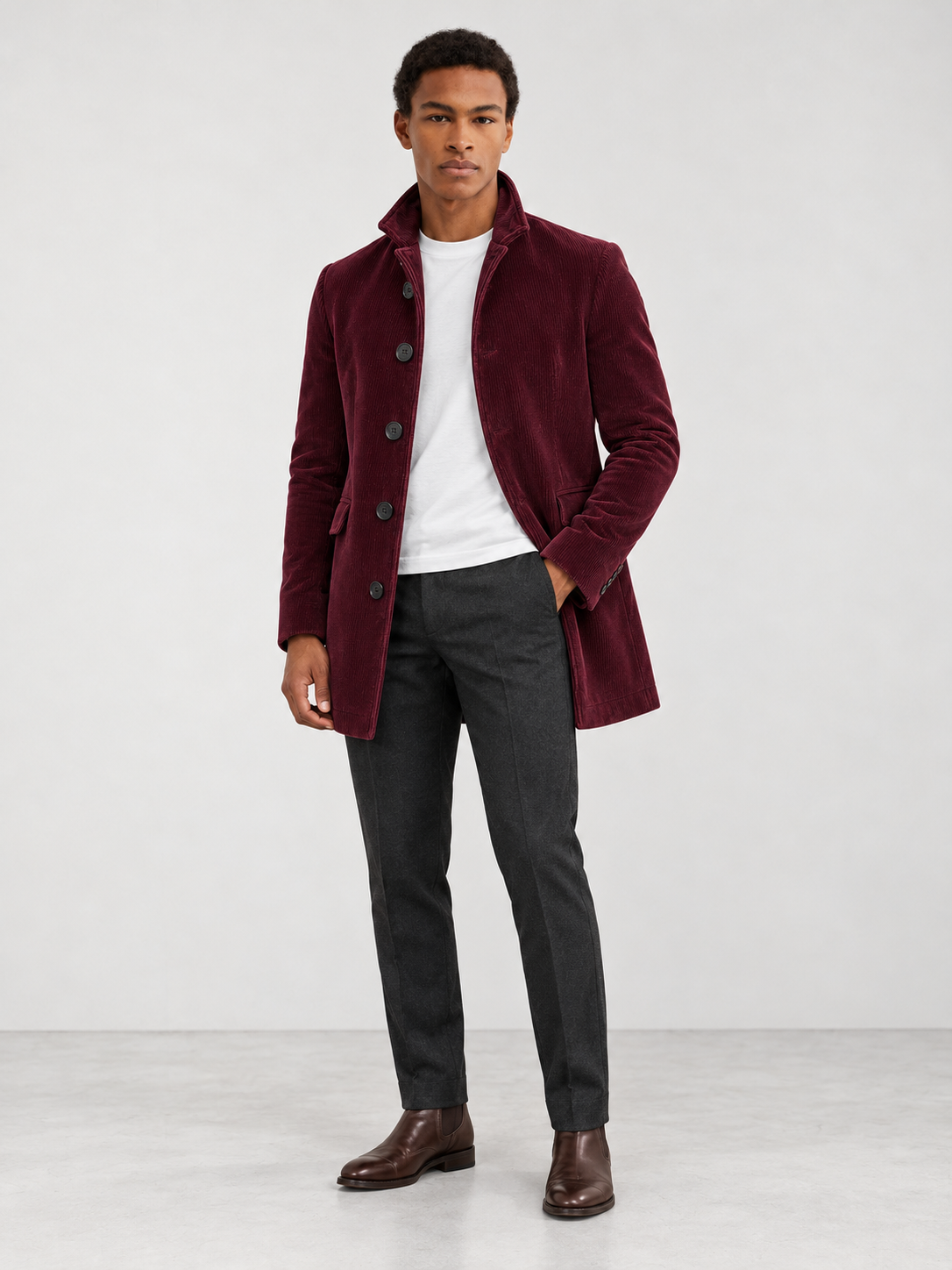 Men's Winter Tailored Stand Collar Coat - burgundy model