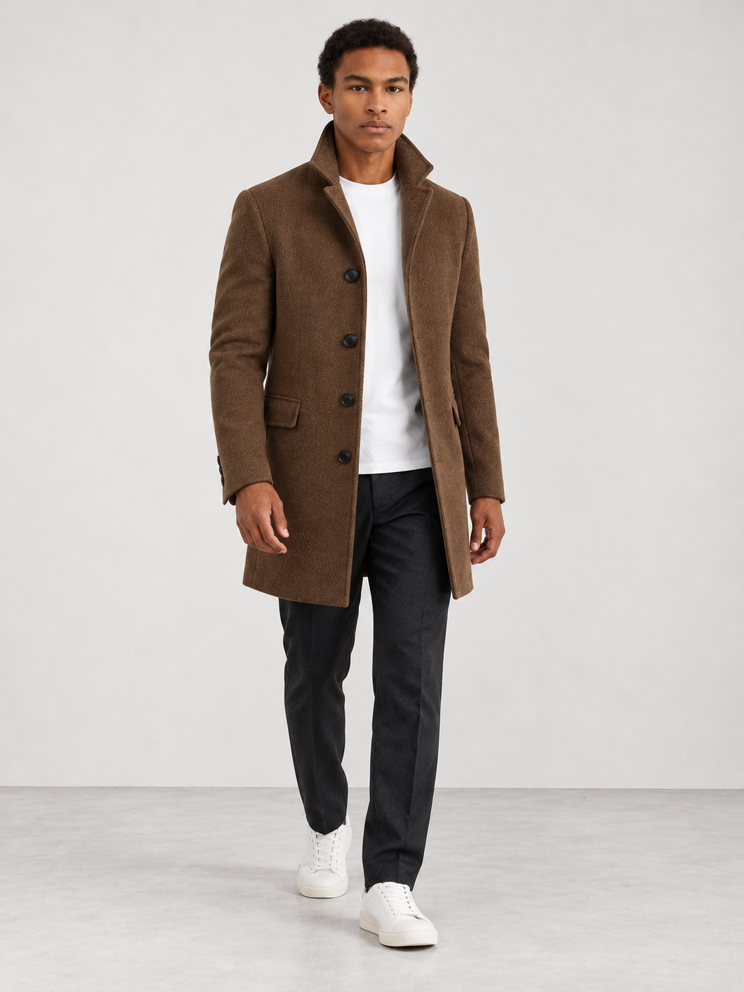 Men's Winter Tailored Stand Collar Coat - light brown model