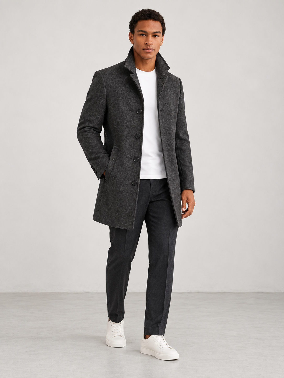 Men's Winter Tailored Stand Collar Coat - light grey model
