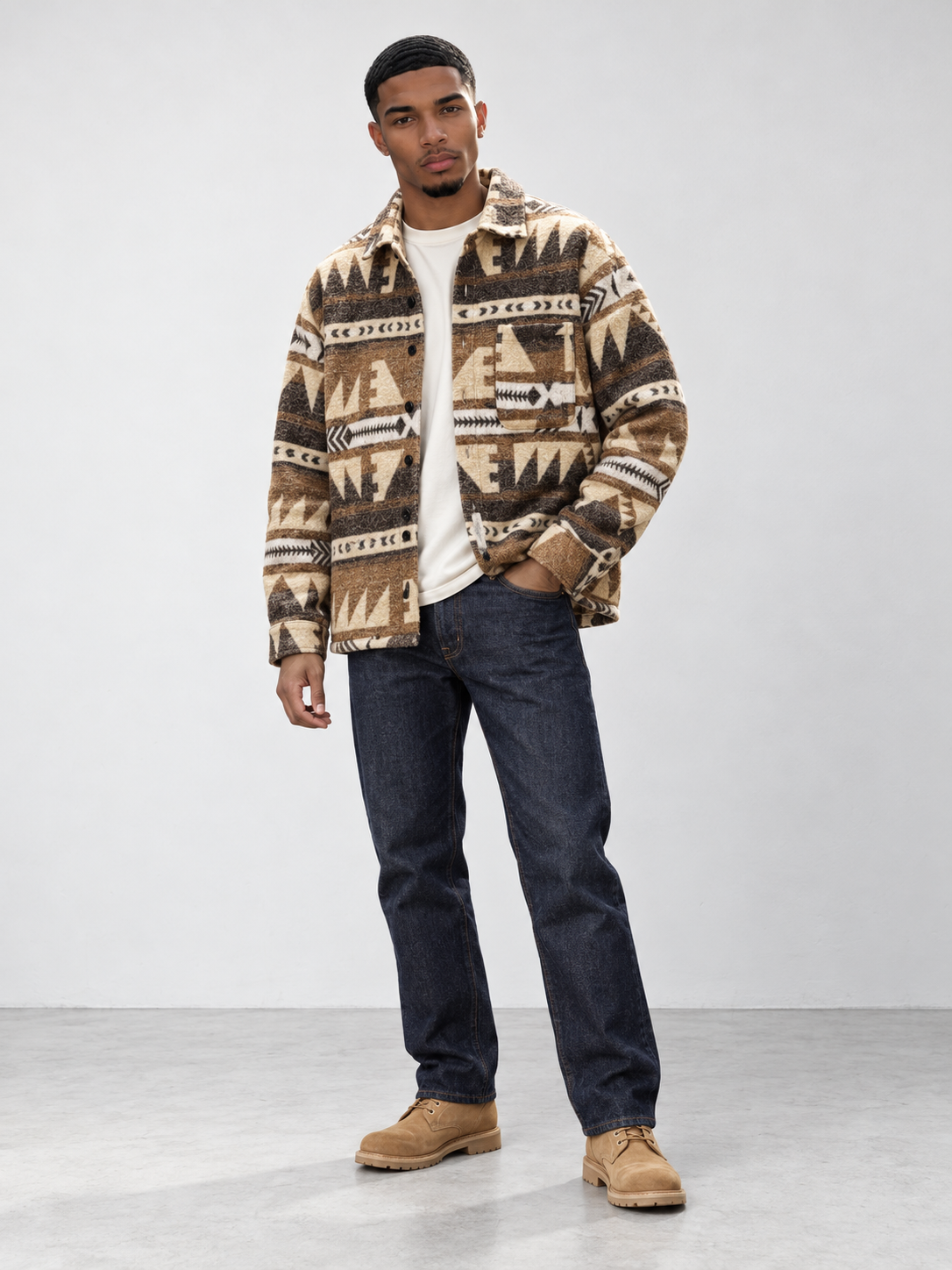 Men's Warm Textured Classic Jacket - light brown model