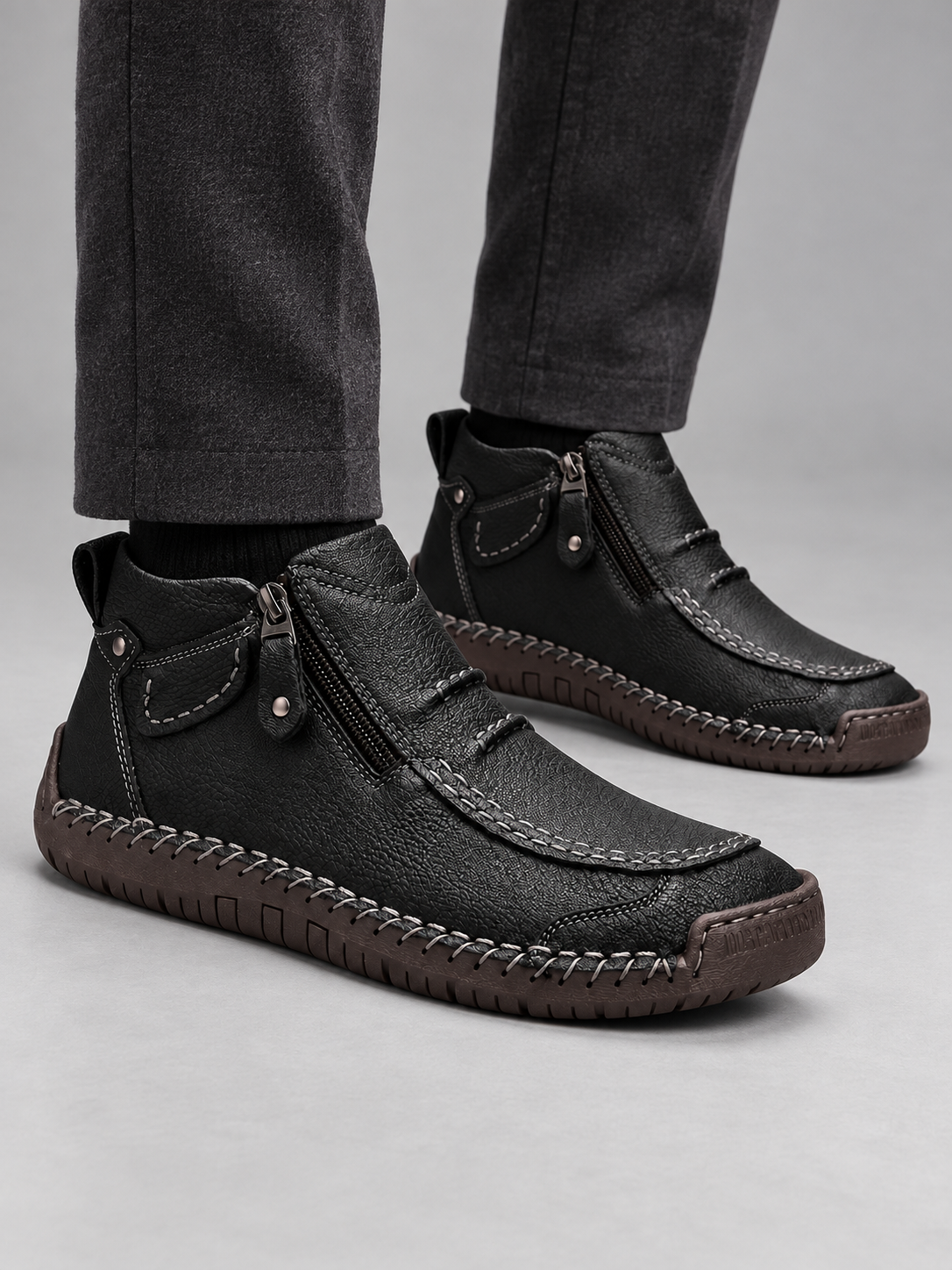 Men's Contrast Stitch Zip Leather-Look Ankle Boots - black model