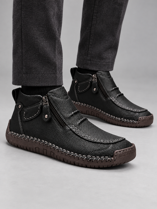 Men's Contrast Stitch Zip Leather-Look Ankle Boots - black model