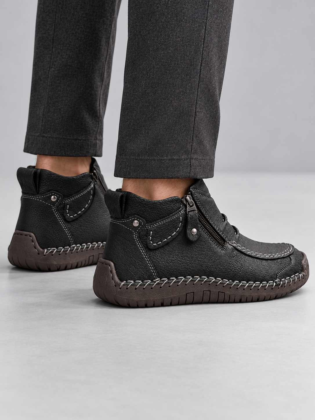 Men's Contrast Stitch Zip Leather-Look Ankle Boots - black back