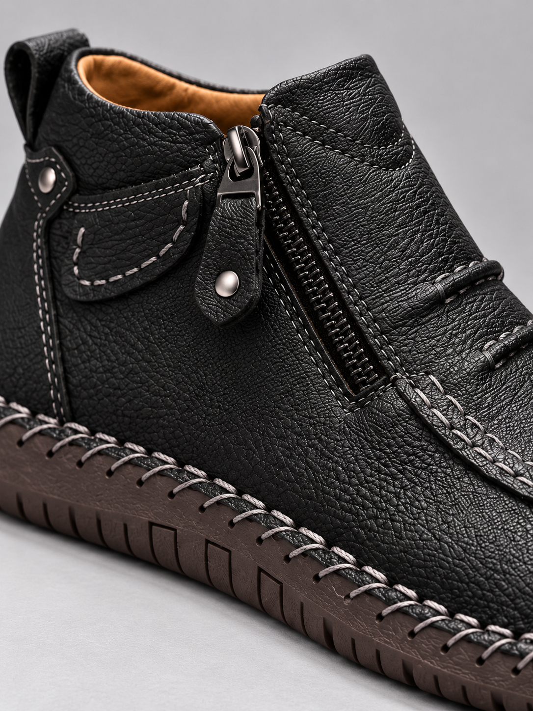 Men's Contrast Stitch Zip Leather-Look Ankle Boots - black detail