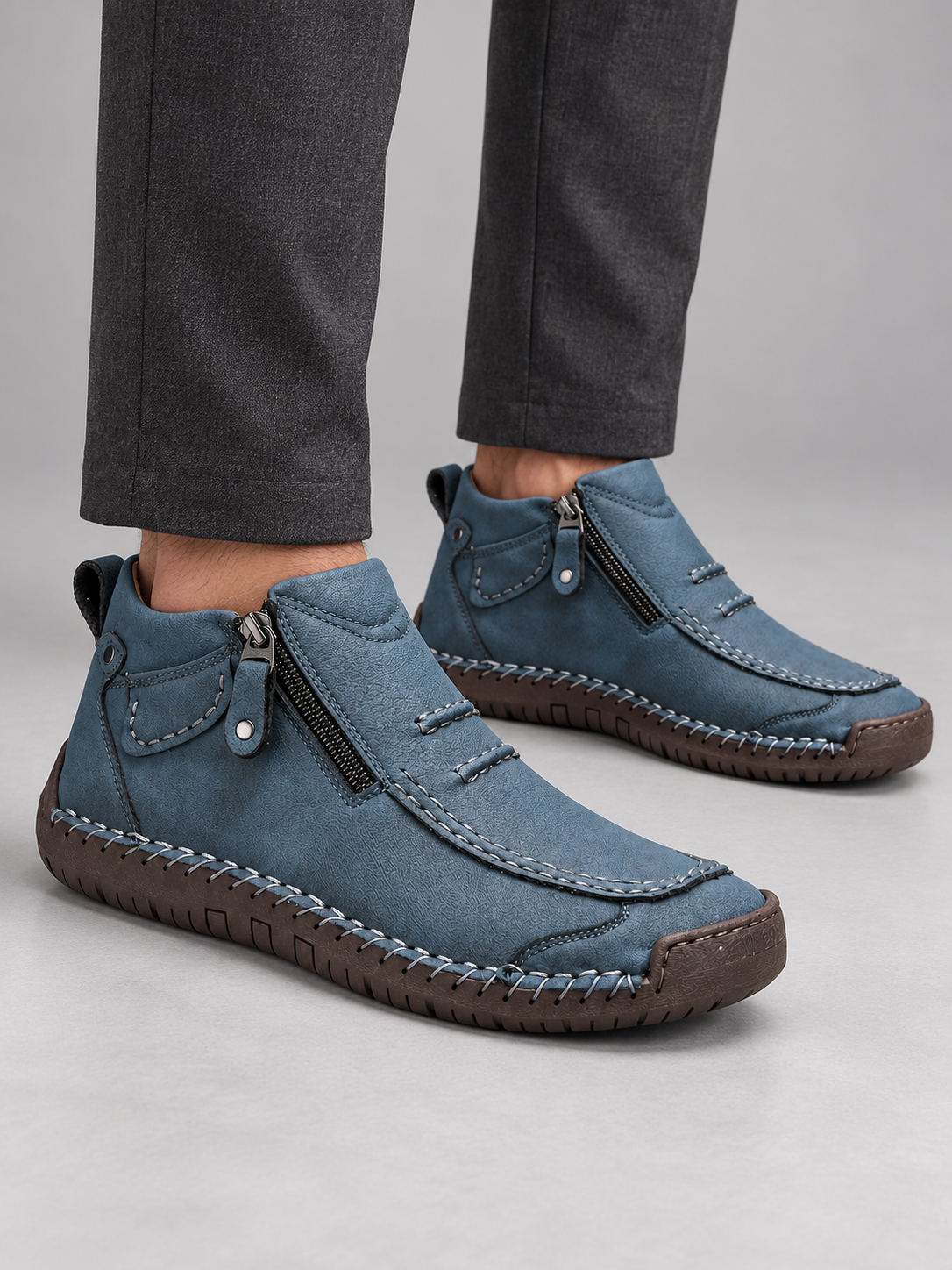 Men's Contrast Stitch Zip Leather-Look Ankle Boots - blue model