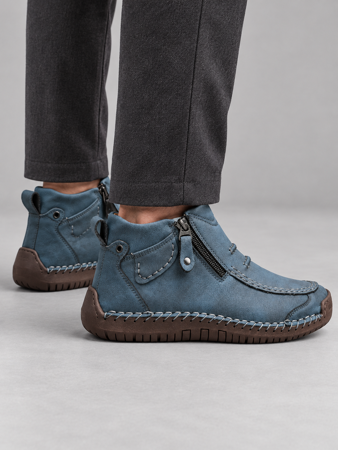Men's Contrast Stitch Zip Leather-Look Ankle Boots - blue back