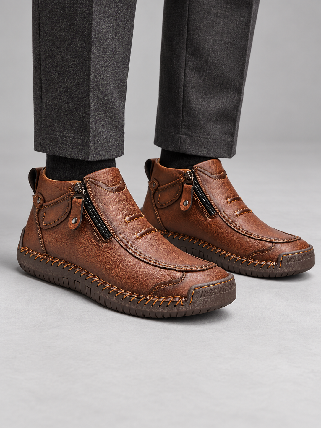Men's Contrast Stitch Zip Leather-Look Ankle Boots - brown model