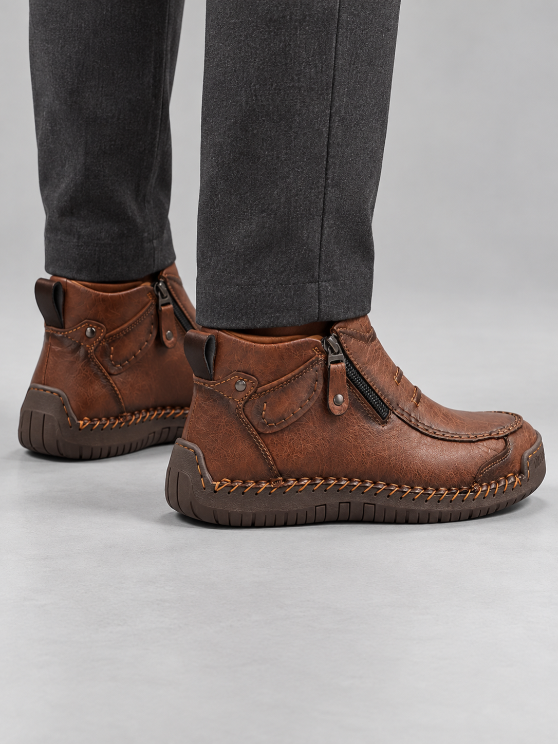 Men's Contrast Stitch Zip Leather-Look Ankle Boots - brown back