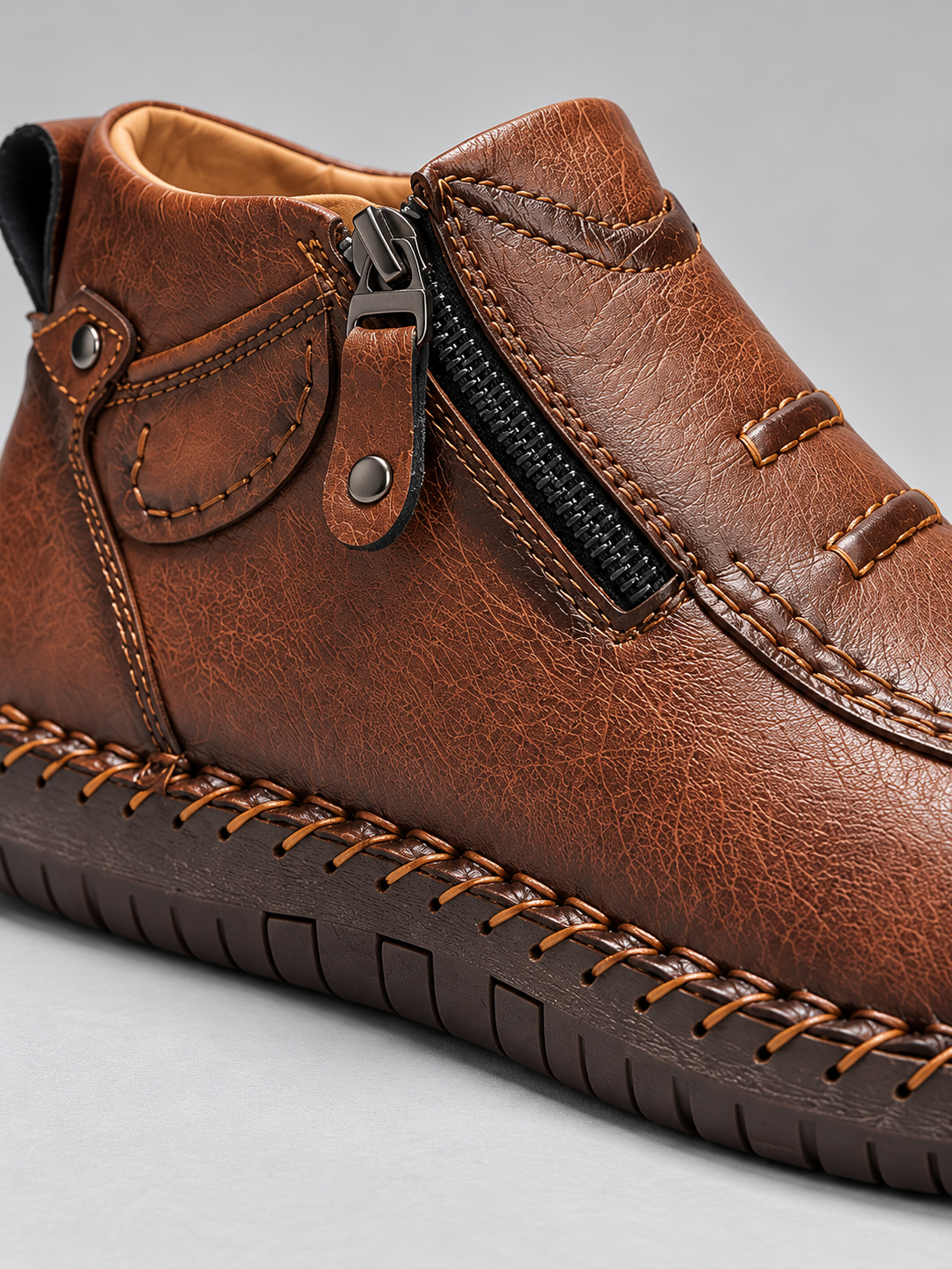 Men's Contrast Stitch Zip Leather-Look Ankle Boots - brown detail