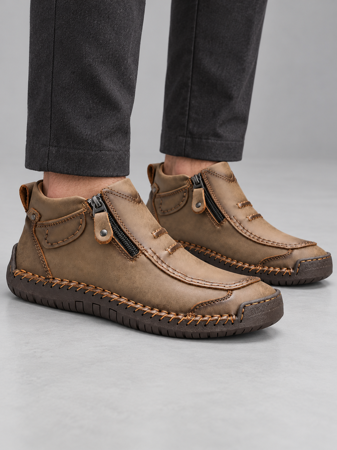 Men's Contrast Stitch Zip Leather-Look Ankle Boots - khaki model