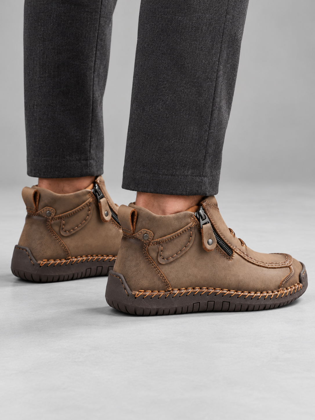 Men's Contrast Stitch Zip Leather-Look Ankle Boots - khaki back