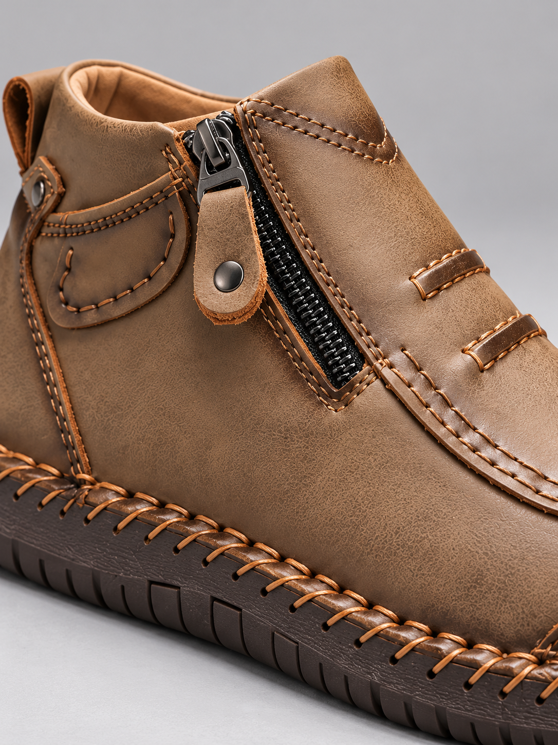 Men's Contrast Stitch Zip Leather-Look Ankle Boots - khaki detail