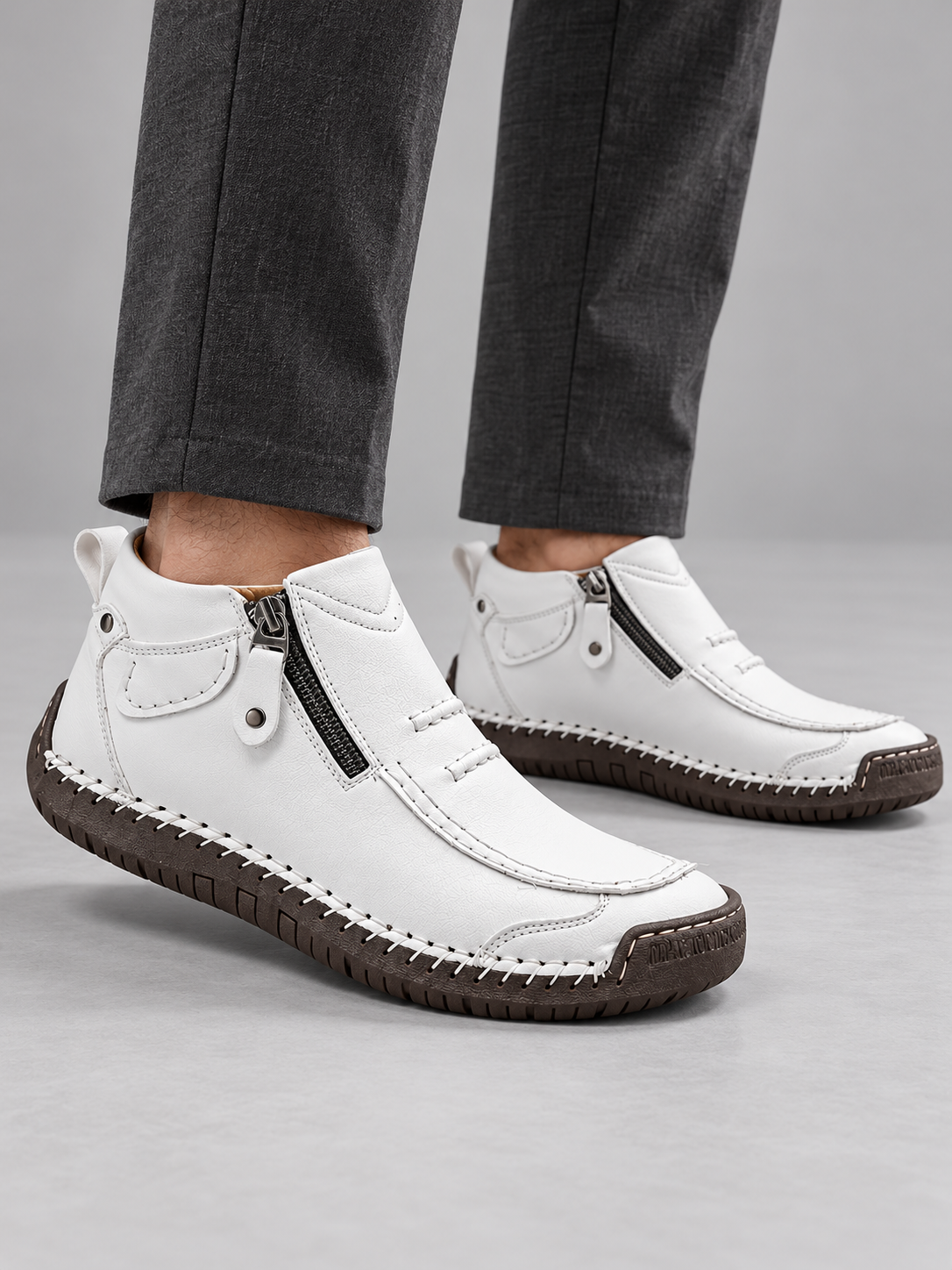 Men's Contrast Stitch Zip Leather-Look Ankle Boots - white model